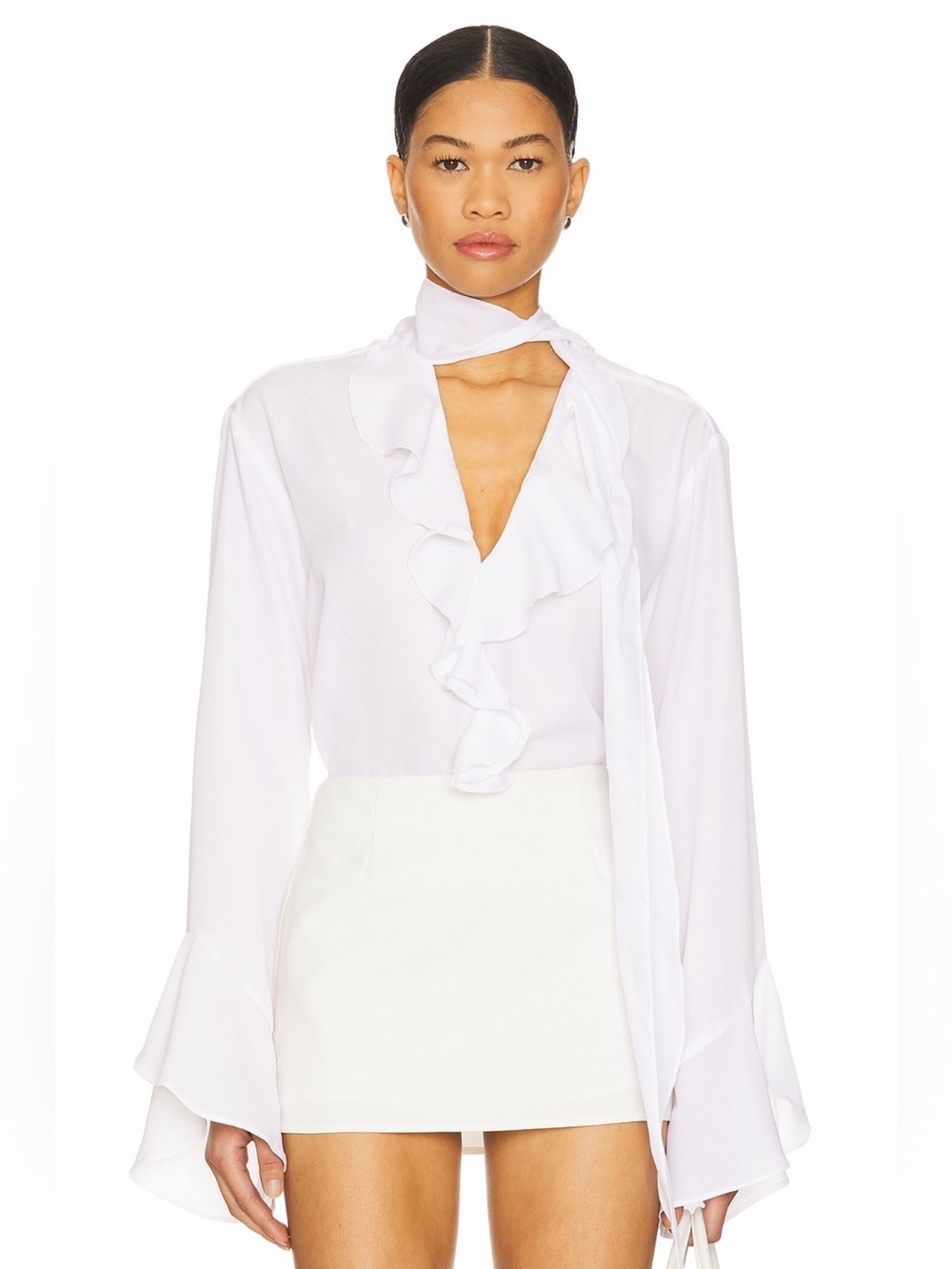 More To Come Revolve Kaleigh White Ruffled Bell Sleeve Tie Neck Renaissance Top